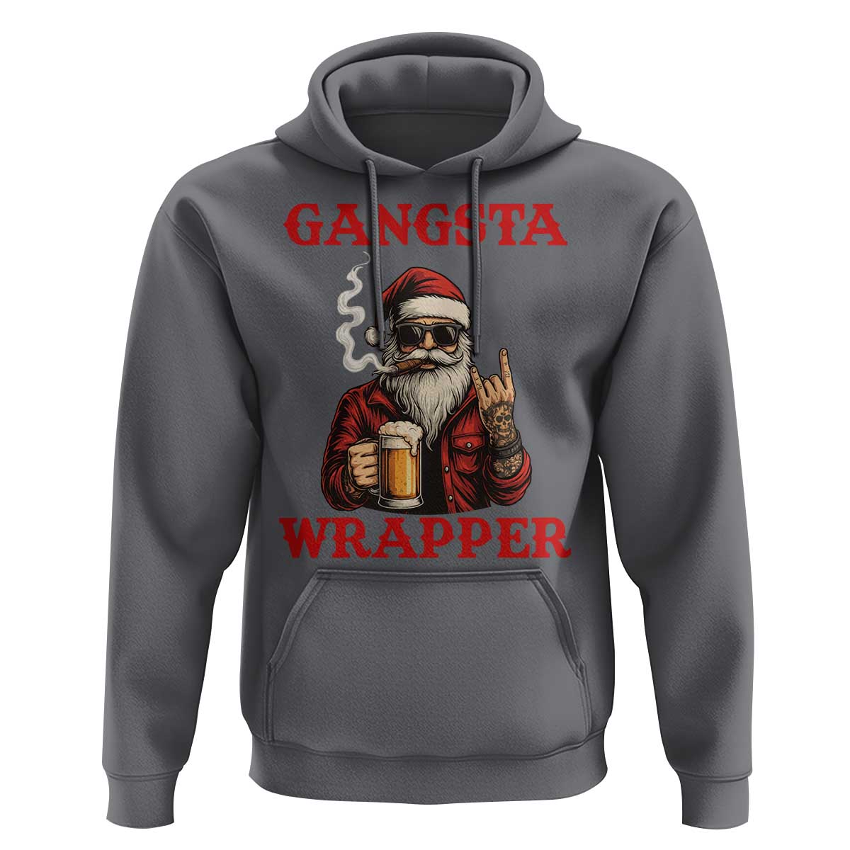 Funny Santa Drinking Beer Christmas Hoodie Gangster Rock On Hand Xmas - Wonder Print Shop