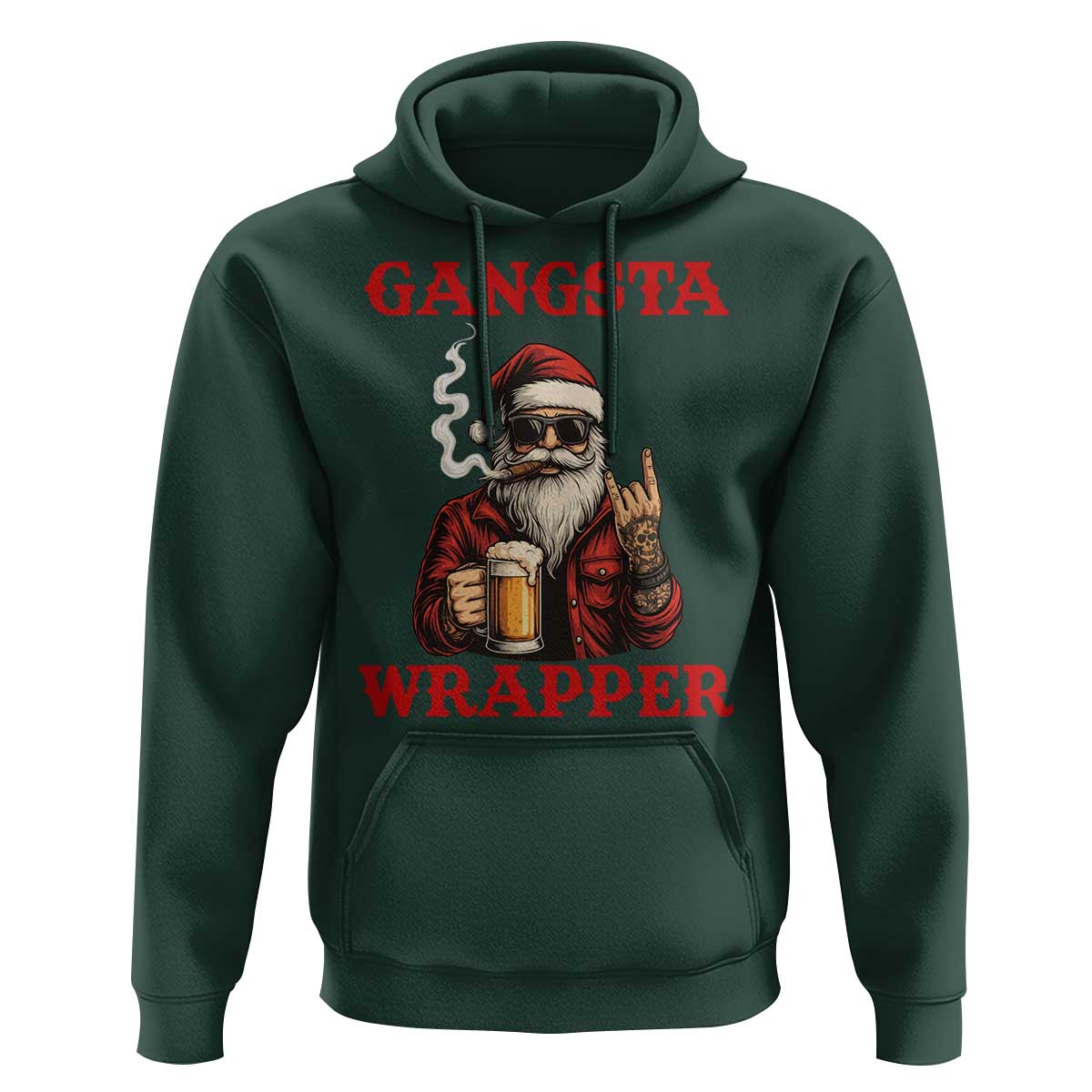 Funny Santa Drinking Beer Christmas Hoodie Gangster Rock On Hand Xmas - Wonder Print Shop