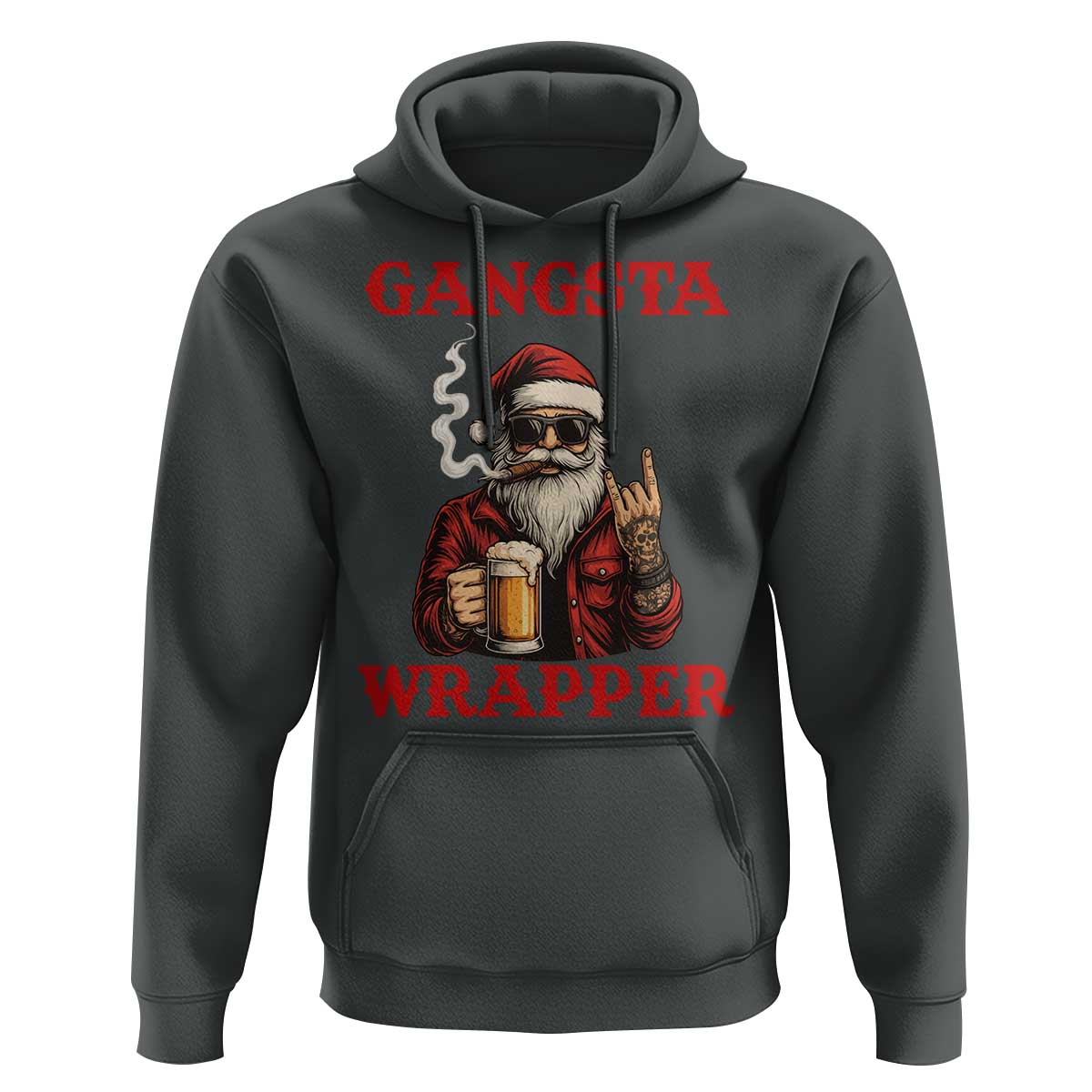 Funny Santa Drinking Beer Christmas Hoodie Gangster Rock On Hand Xmas - Wonder Print Shop