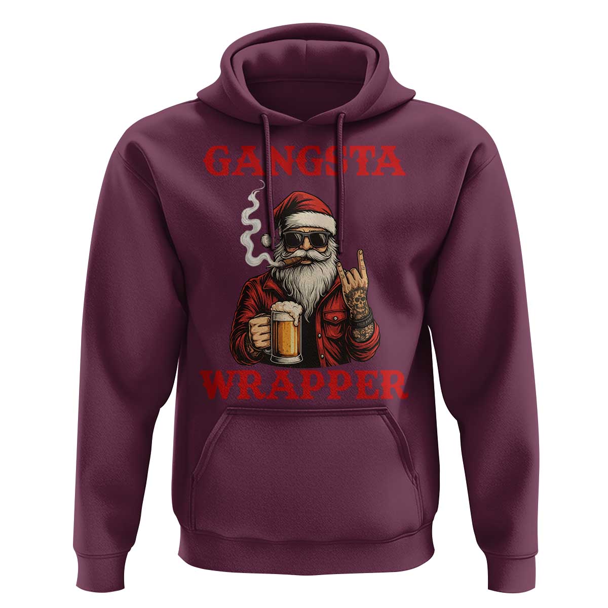 Funny Santa Drinking Beer Christmas Hoodie Gangster Rock On Hand Xmas - Wonder Print Shop
