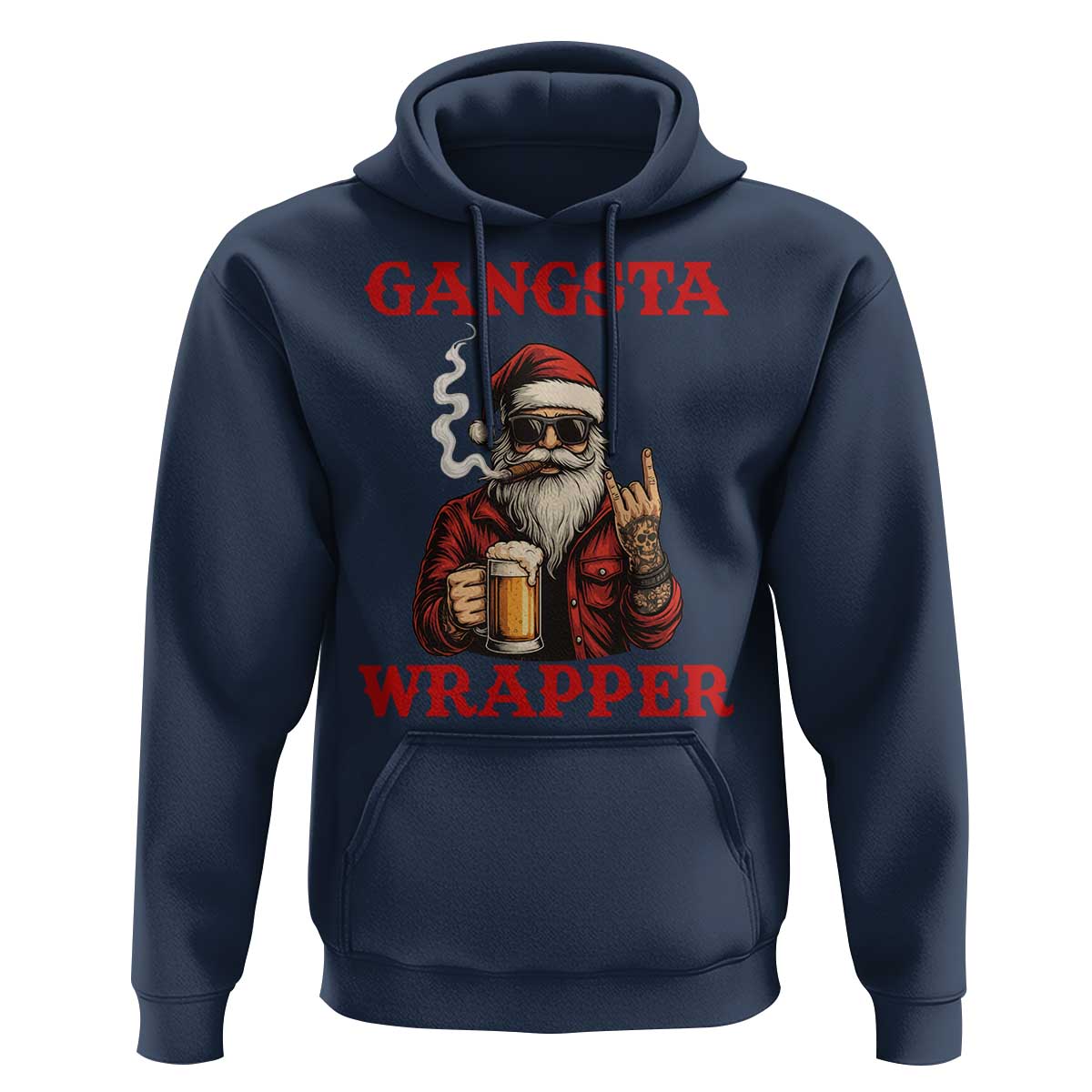 Funny Santa Drinking Beer Christmas Hoodie Gangster Rock On Hand Xmas - Wonder Print Shop