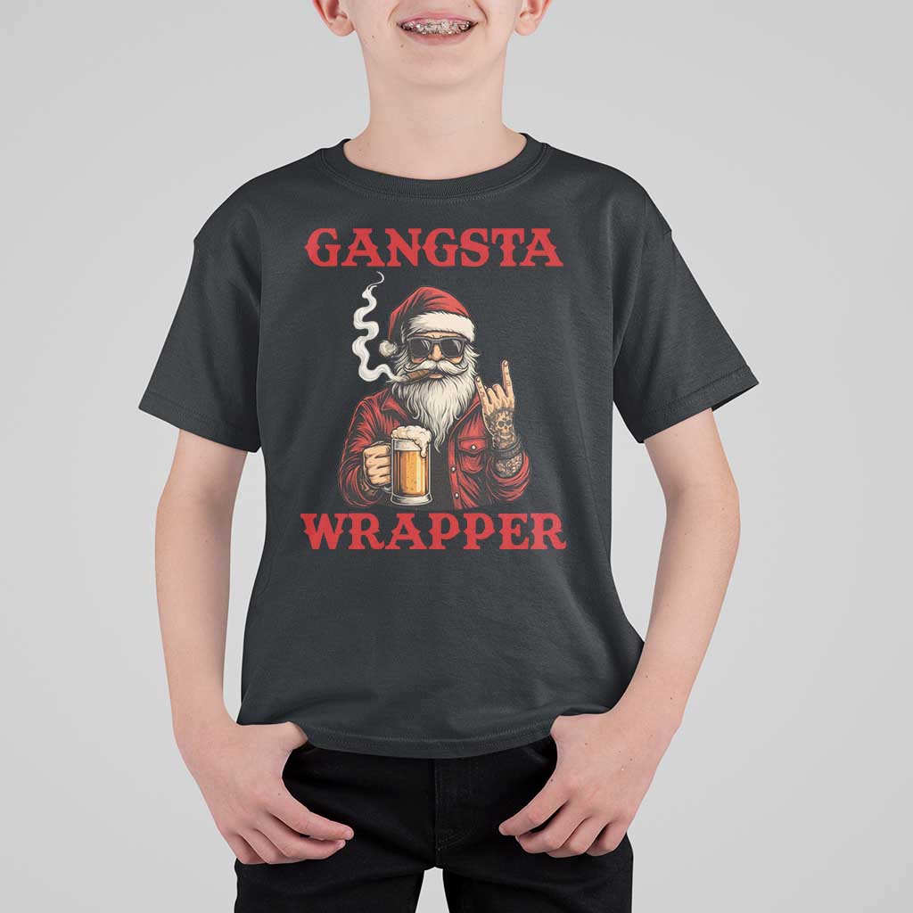 Funny Santa Drinking Beer Christmas T Shirt For Kid Gangster Rock On Hand Xmas - Wonder Print Shop