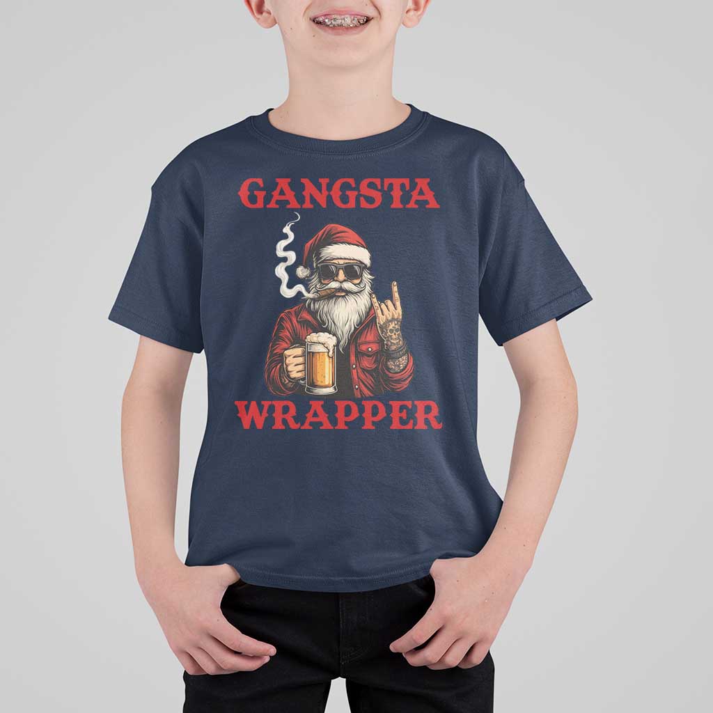 Funny Santa Drinking Beer Christmas T Shirt For Kid Gangster Rock On Hand Xmas - Wonder Print Shop