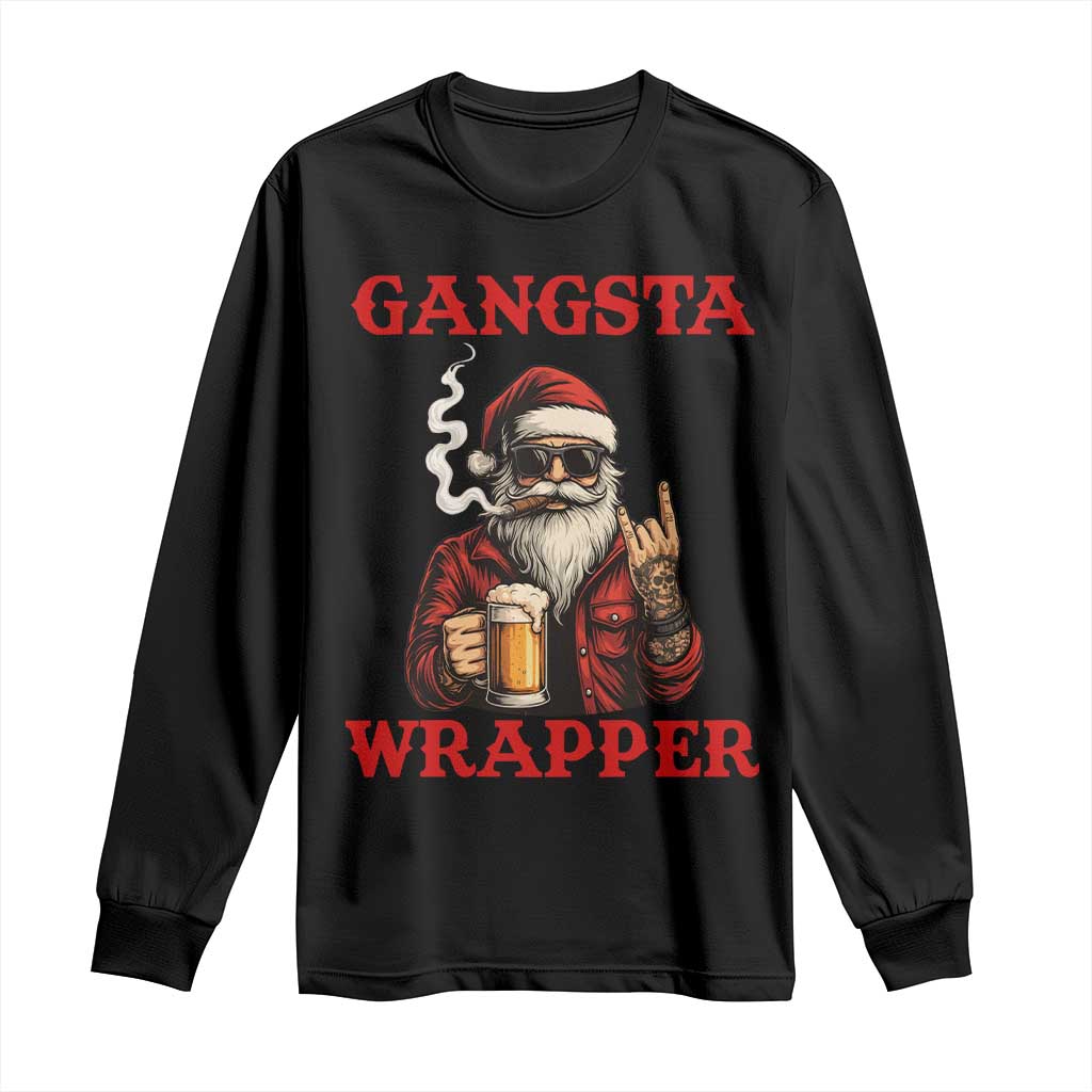 Funny Santa Drinking Beer Christmas Long Sleeve Shirt Gangster Rock On Hand Xmas - Wonder Print Shop