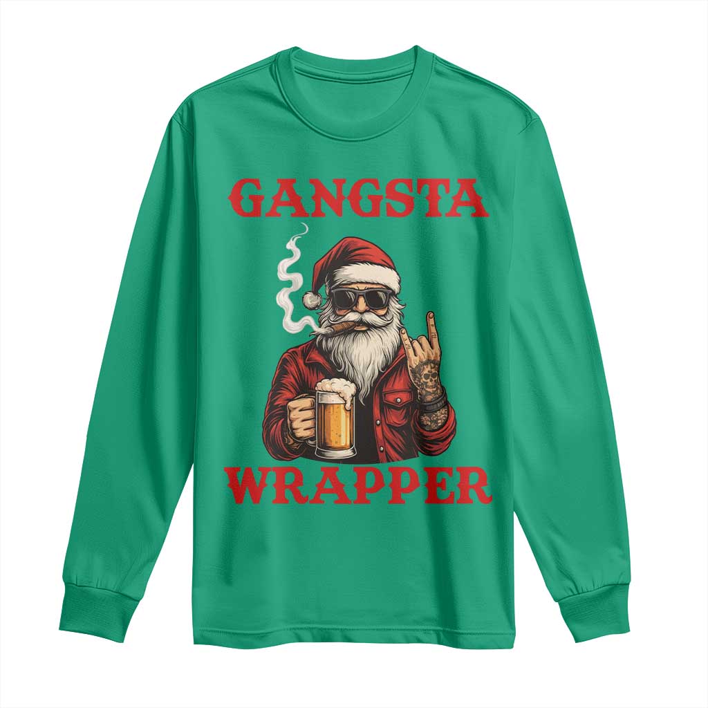 Funny Santa Drinking Beer Christmas Long Sleeve Shirt Gangster Rock On Hand Xmas - Wonder Print Shop