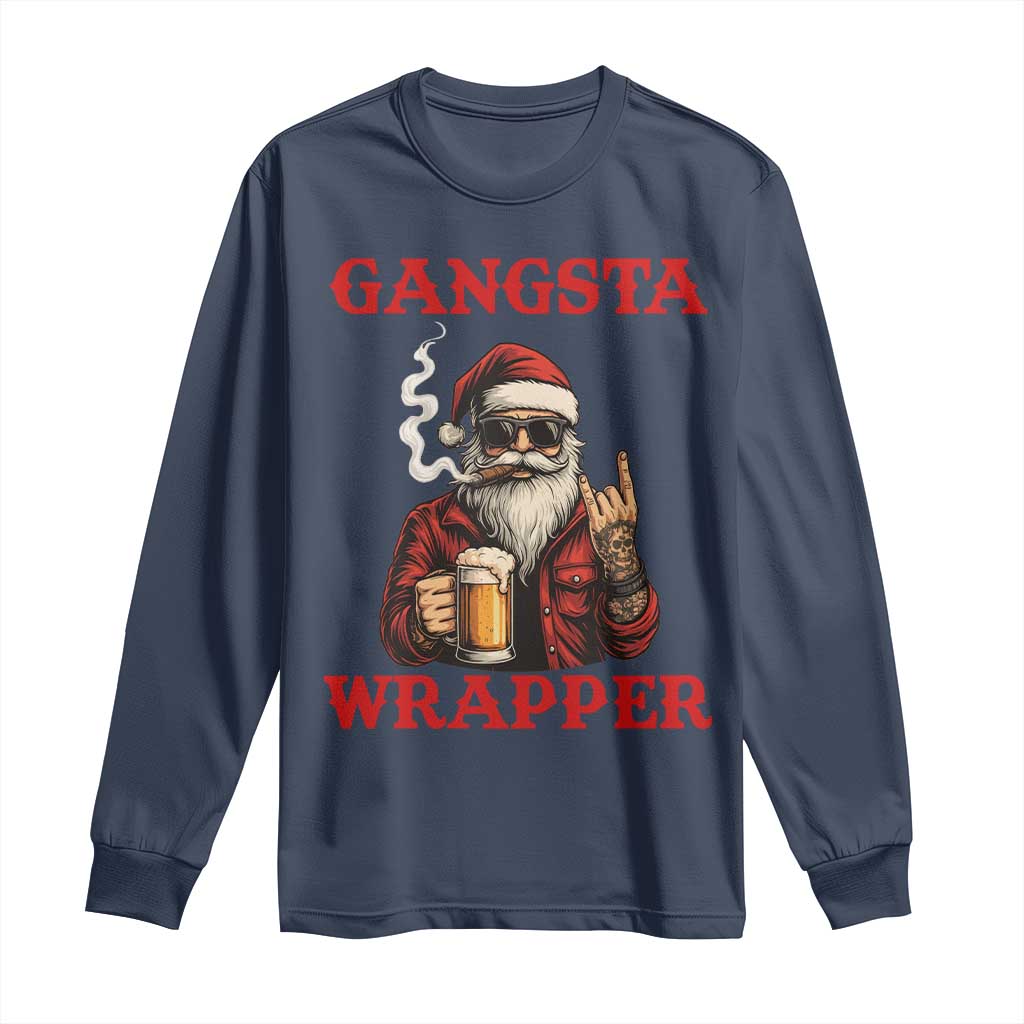 Funny Santa Drinking Beer Christmas Long Sleeve Shirt Gangster Rock On Hand Xmas - Wonder Print Shop
