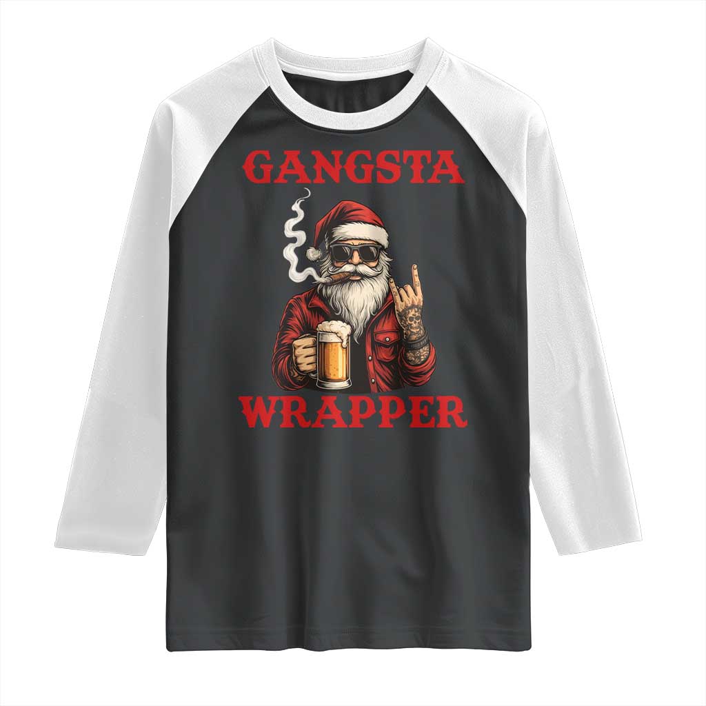 Funny Santa Drinking Beer Christmas Raglan Shirt Gangster Rock On Hand Xmas - Wonder Print Shop