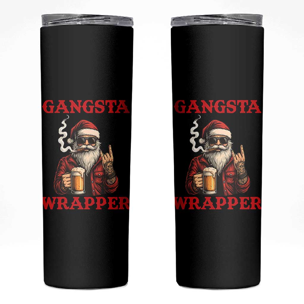 Funny Santa Drinking Beer Christmas Skinny Tumbler Gangster Rock On Hand Xmas - Wonder Print Shop