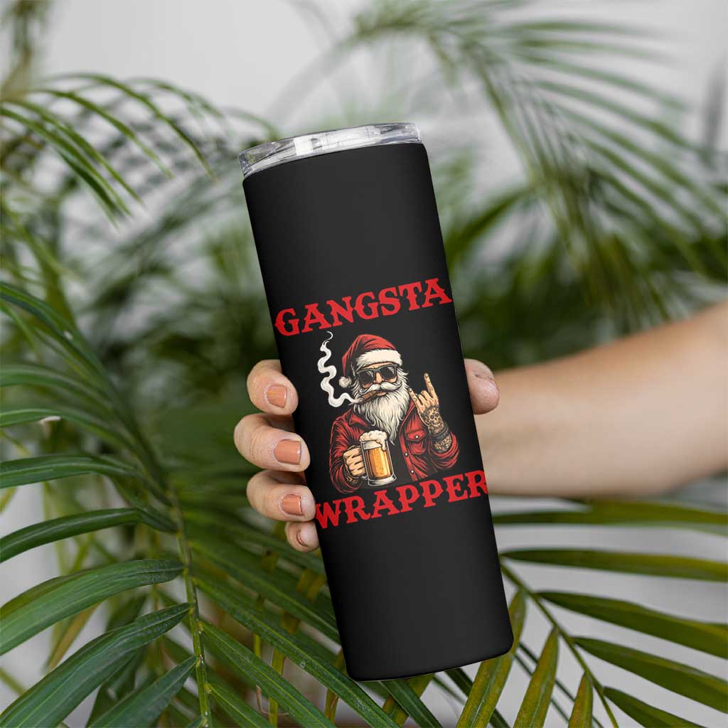 Funny Santa Drinking Beer Christmas Skinny Tumbler Gangster Rock On Hand Xmas - Wonder Print Shop