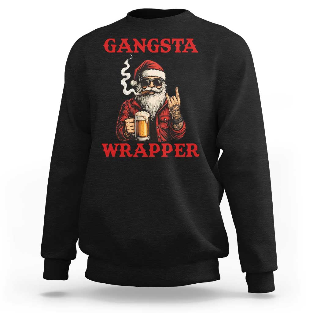 Funny Santa Drinking Beer Christmas Sweatshirt Gangster Rock On Hand Xmas - Wonder Print Shop