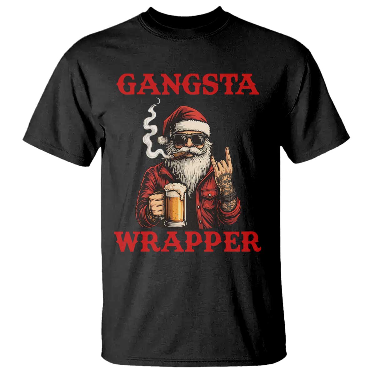 Funny Santa Drinking Beer Christmas T Shirt Gangster Rock On Hand Xmas - Wonder Print Shop