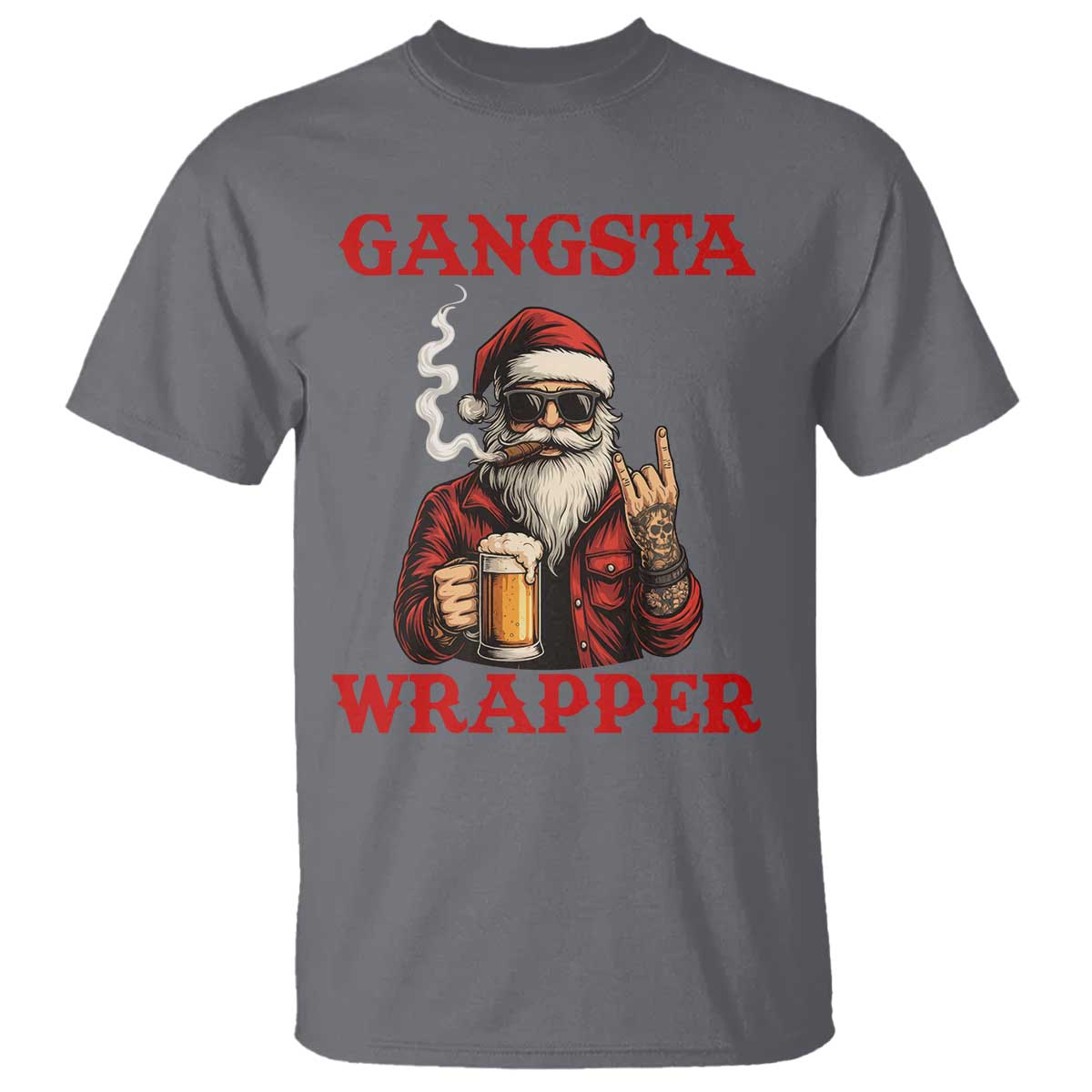 Funny Santa Drinking Beer Christmas T Shirt Gangster Rock On Hand Xmas - Wonder Print Shop
