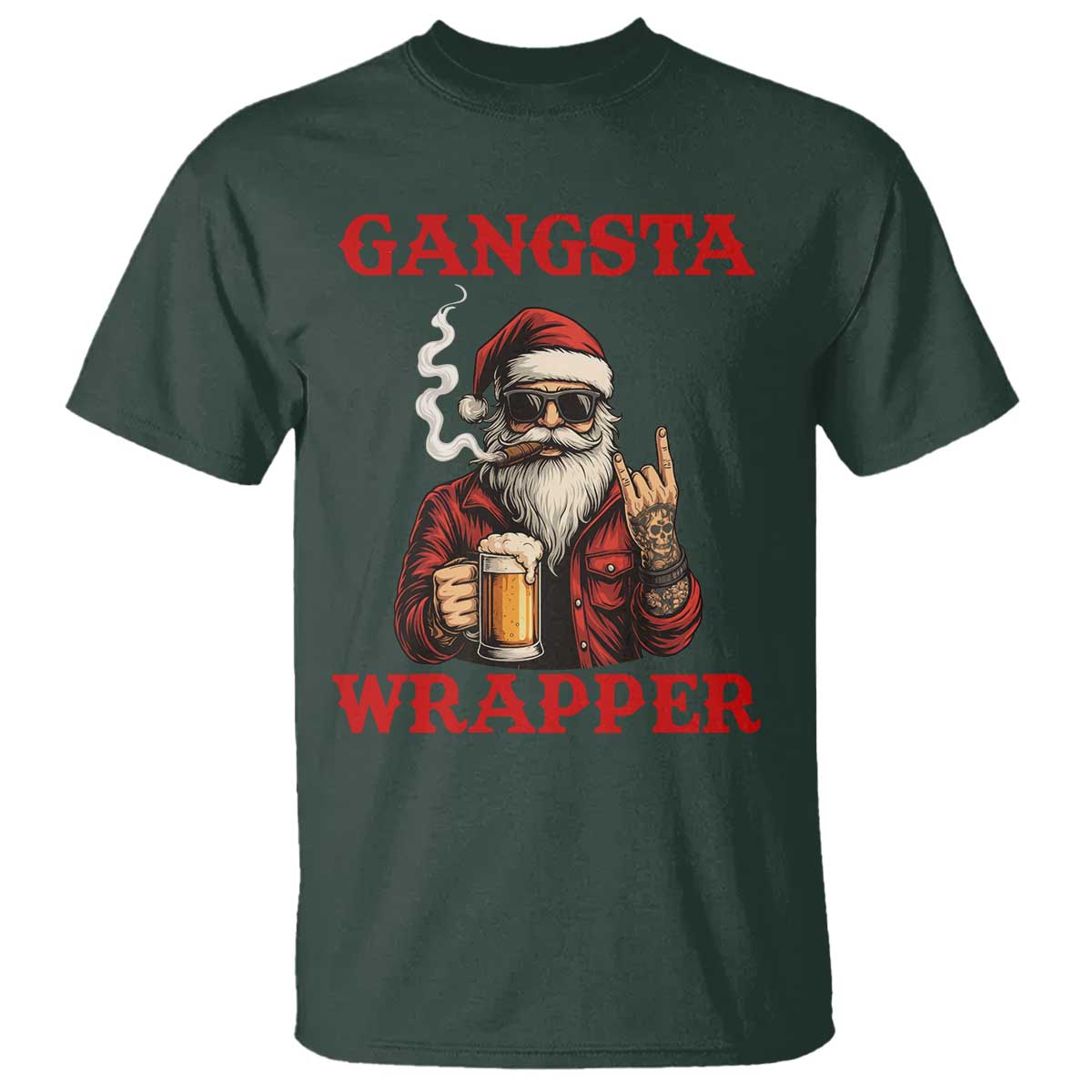 Funny Santa Drinking Beer Christmas T Shirt Gangster Rock On Hand Xmas - Wonder Print Shop