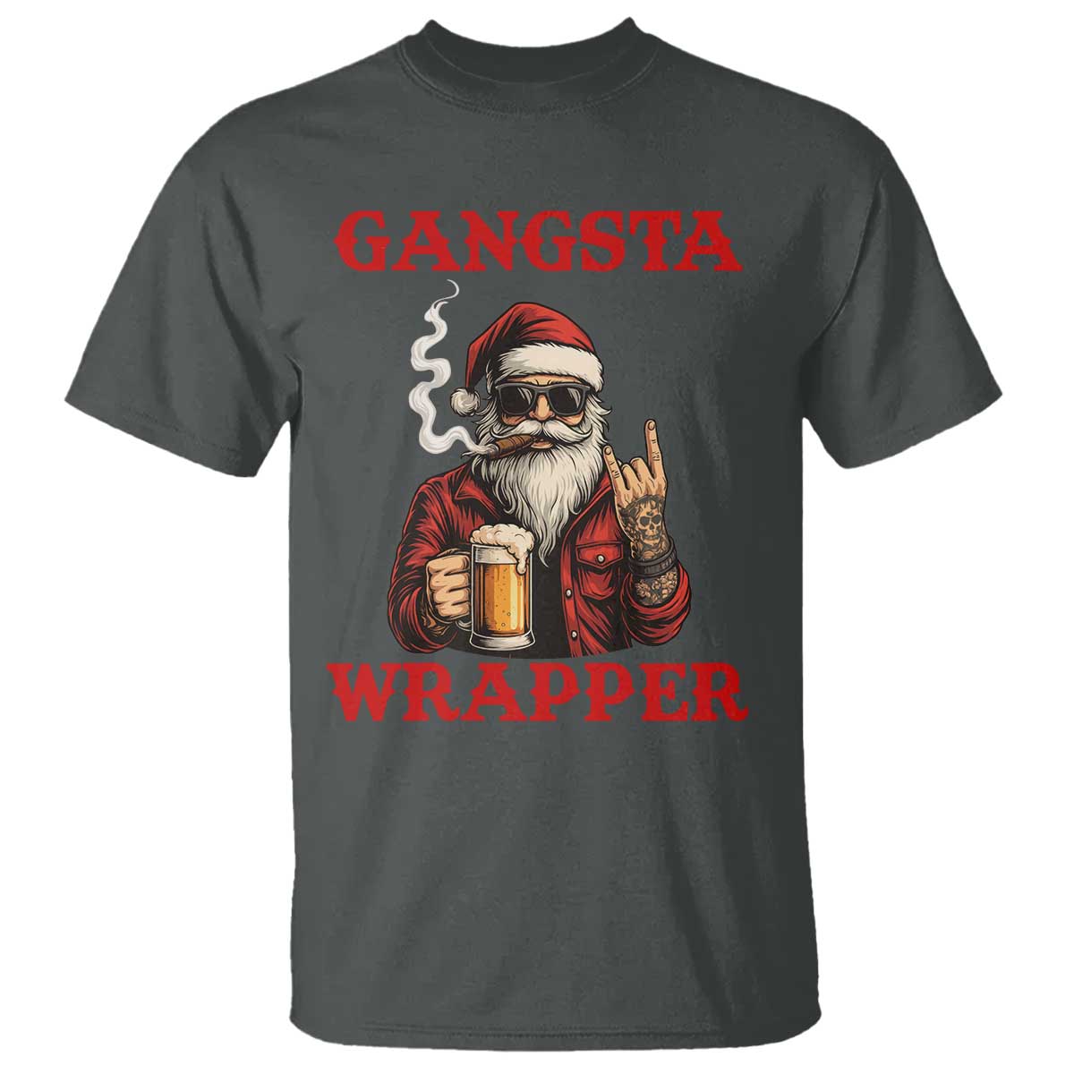 Funny Santa Drinking Beer Christmas T Shirt Gangster Rock On Hand Xmas - Wonder Print Shop