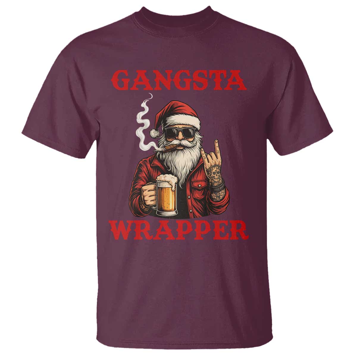 Funny Santa Drinking Beer Christmas T Shirt Gangster Rock On Hand Xmas - Wonder Print Shop