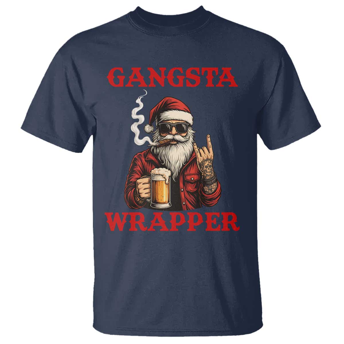 Funny Santa Drinking Beer Christmas T Shirt Gangster Rock On Hand Xmas - Wonder Print Shop