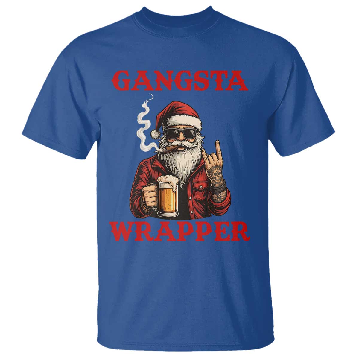 Funny Santa Drinking Beer Christmas T Shirt Gangster Rock On Hand Xmas - Wonder Print Shop