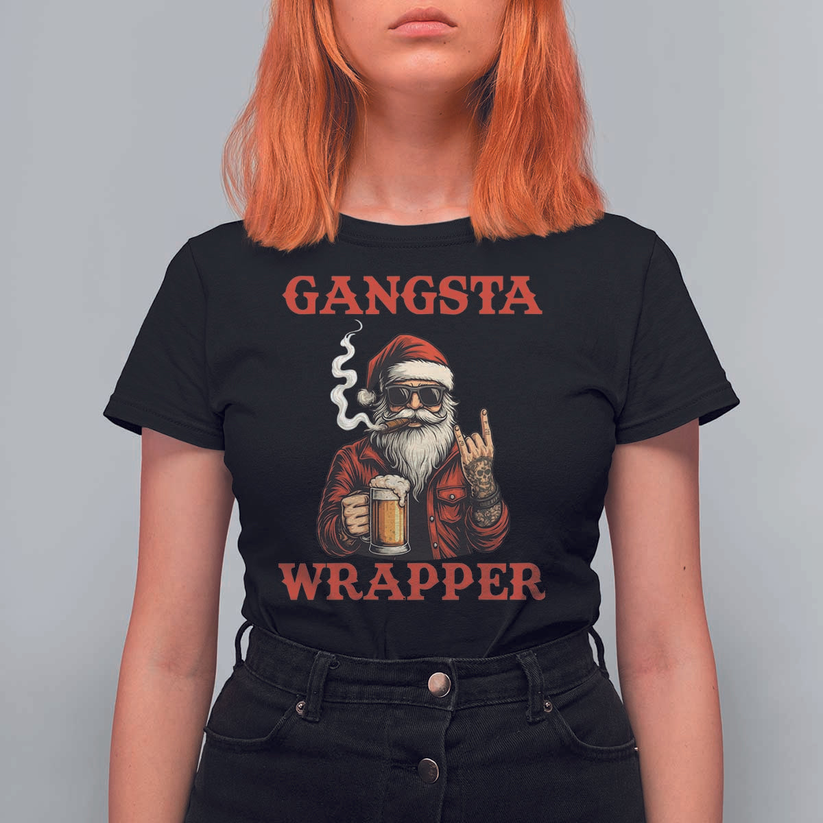 Funny Santa Drinking Beer Christmas T Shirt For Women Gangster Rock On Hand Xmas - Wonder Print Shop