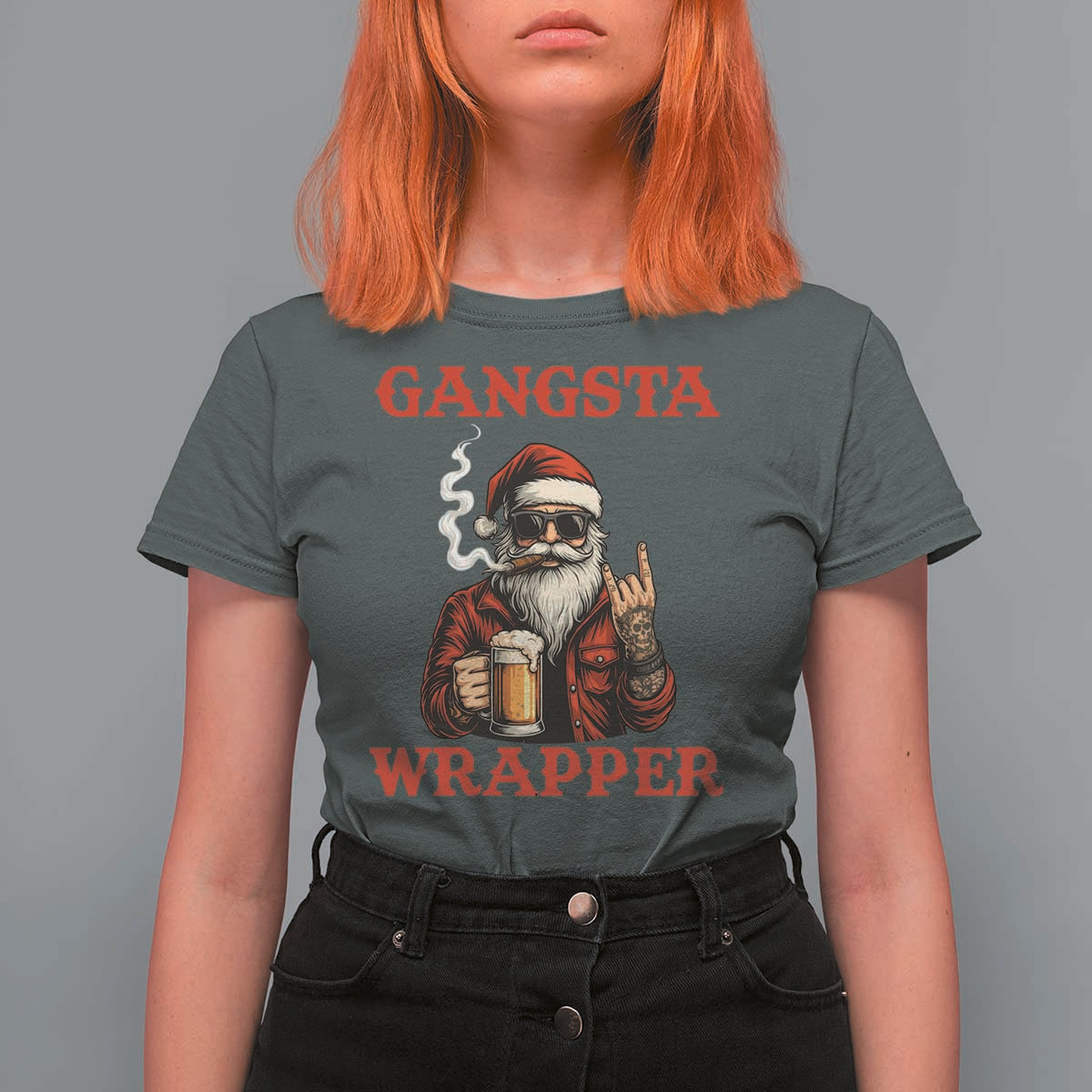 Funny Santa Drinking Beer Christmas T Shirt For Women Gangster Rock On Hand Xmas - Wonder Print Shop