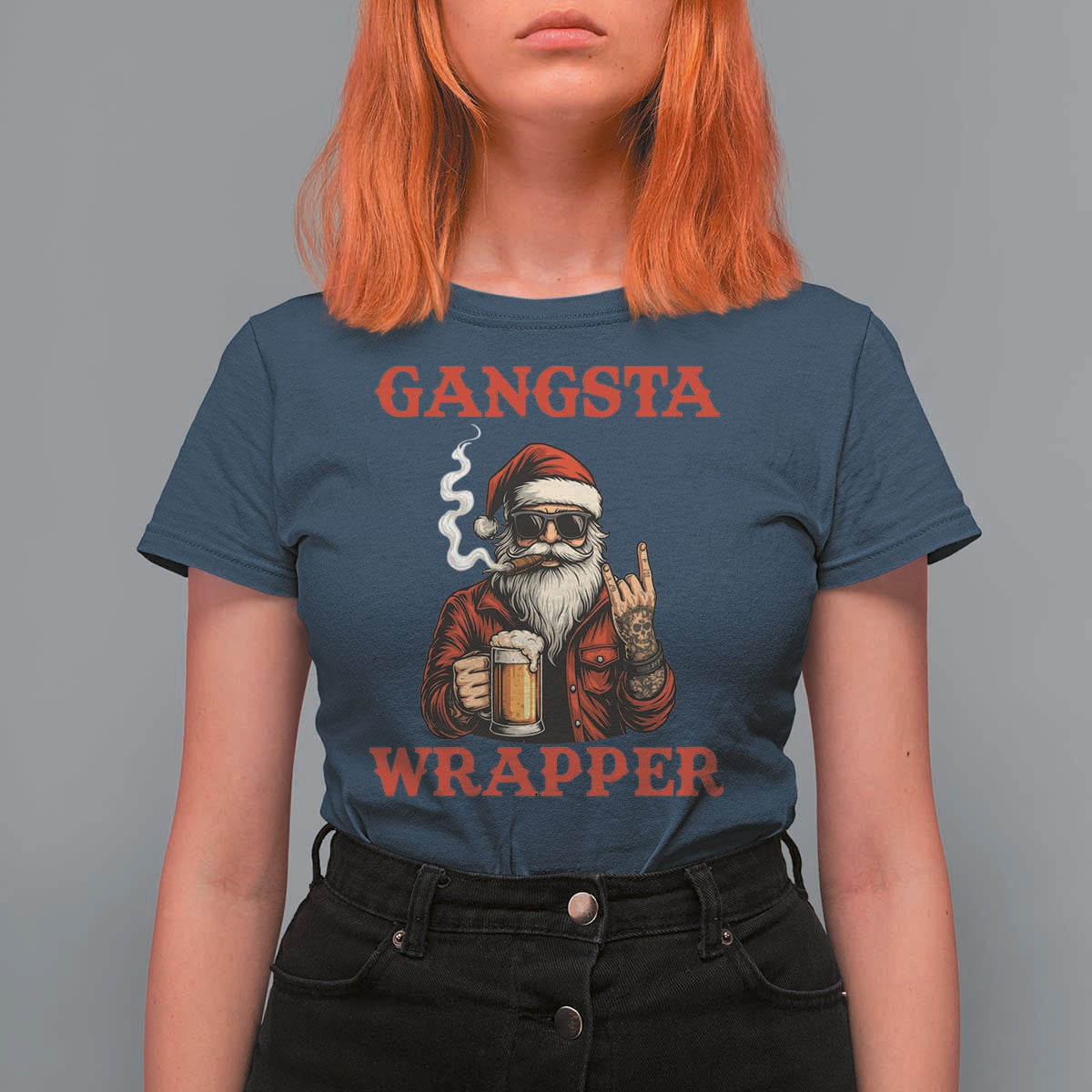 Funny Santa Drinking Beer Christmas T Shirt For Women Gangster Rock On Hand Xmas - Wonder Print Shop