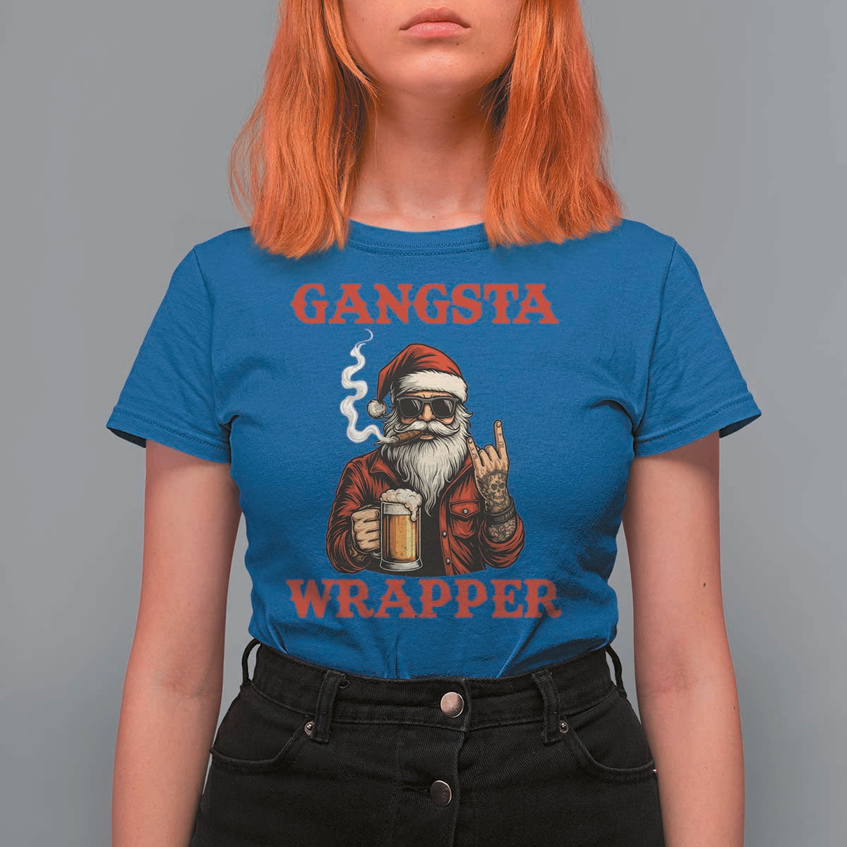 Funny Santa Drinking Beer Christmas T Shirt For Women Gangster Rock On Hand Xmas - Wonder Print Shop