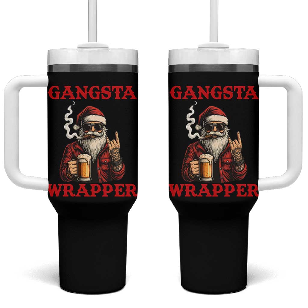 Funny Santa Drinking Beer Christmas Tumbler With Handle Gangster Rock On Hand Xmas - Wonder Print Shop