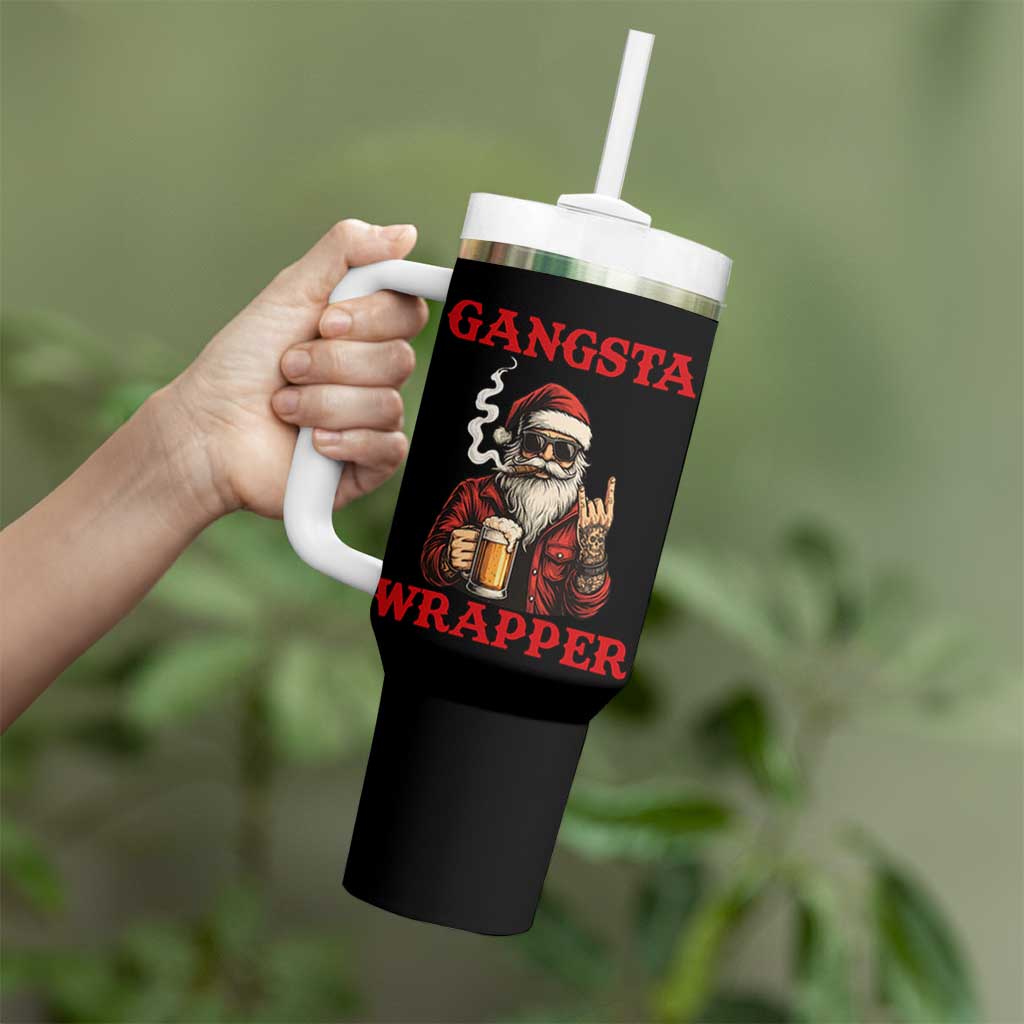 Funny Santa Drinking Beer Christmas Tumbler With Handle Gangster Rock On Hand Xmas - Wonder Print Shop