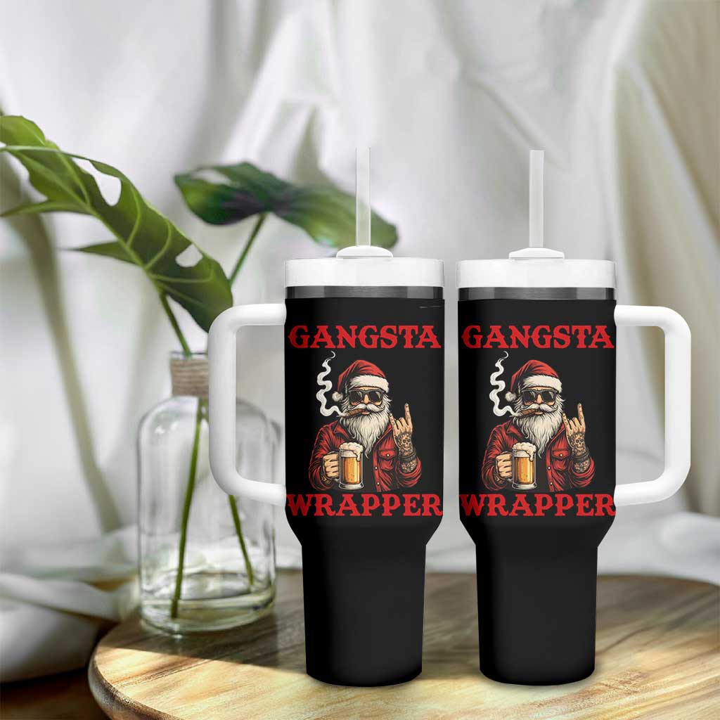 Funny Santa Drinking Beer Christmas Tumbler With Handle Gangster Rock On Hand Xmas - Wonder Print Shop