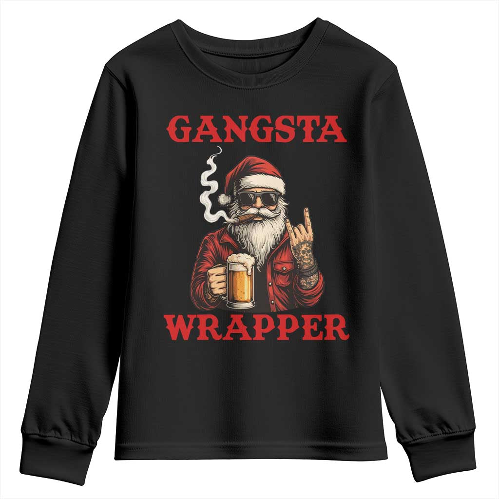 Funny Santa Drinking Beer Christmas Youth Sweatshirt Gangster Rock On Hand Xmas - Wonder Print Shop