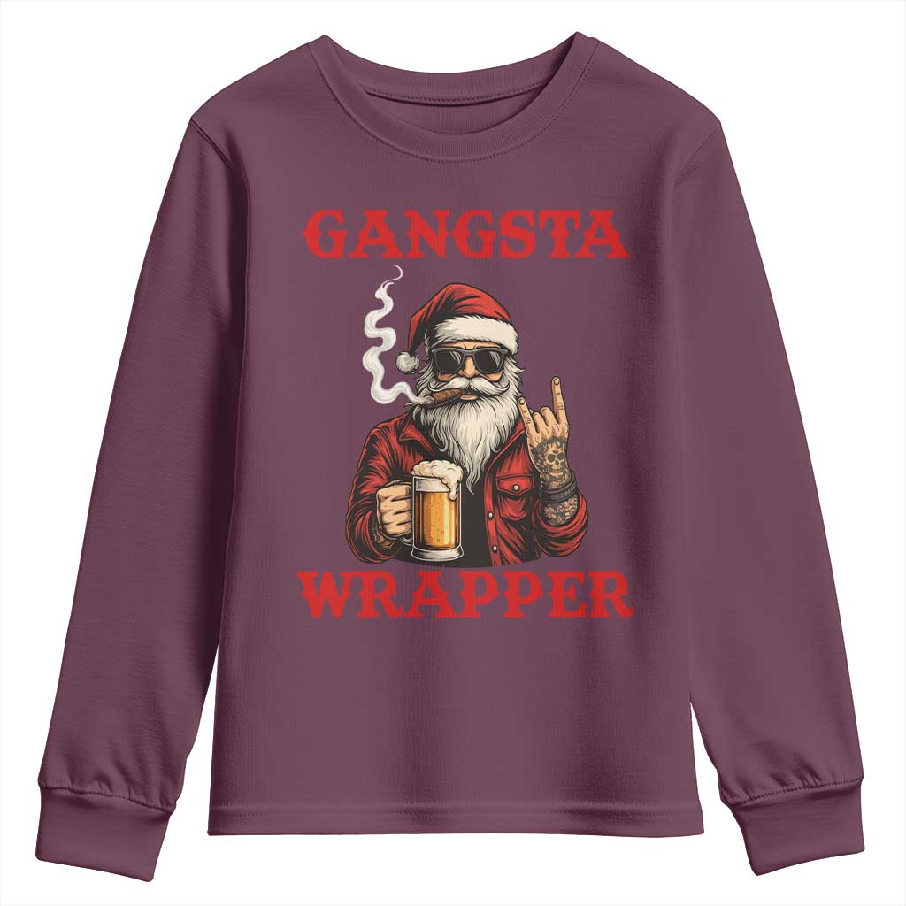Funny Santa Drinking Beer Christmas Youth Sweatshirt Gangster Rock On Hand Xmas - Wonder Print Shop