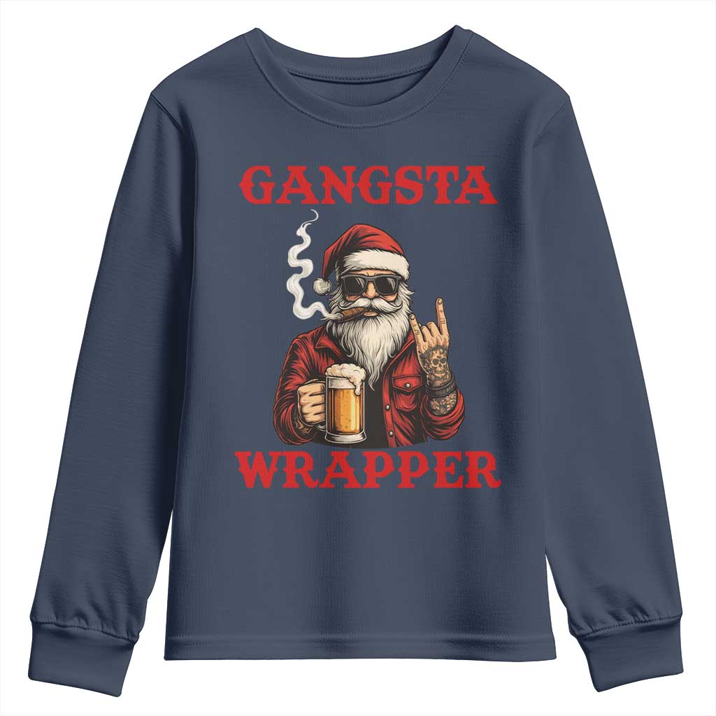 Funny Santa Drinking Beer Christmas Youth Sweatshirt Gangster Rock On Hand Xmas - Wonder Print Shop