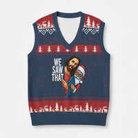 Funny Jesus Santa Meme V-Neck Knit Sweater Vest We Saw That Xmas - Wonder Print Shop