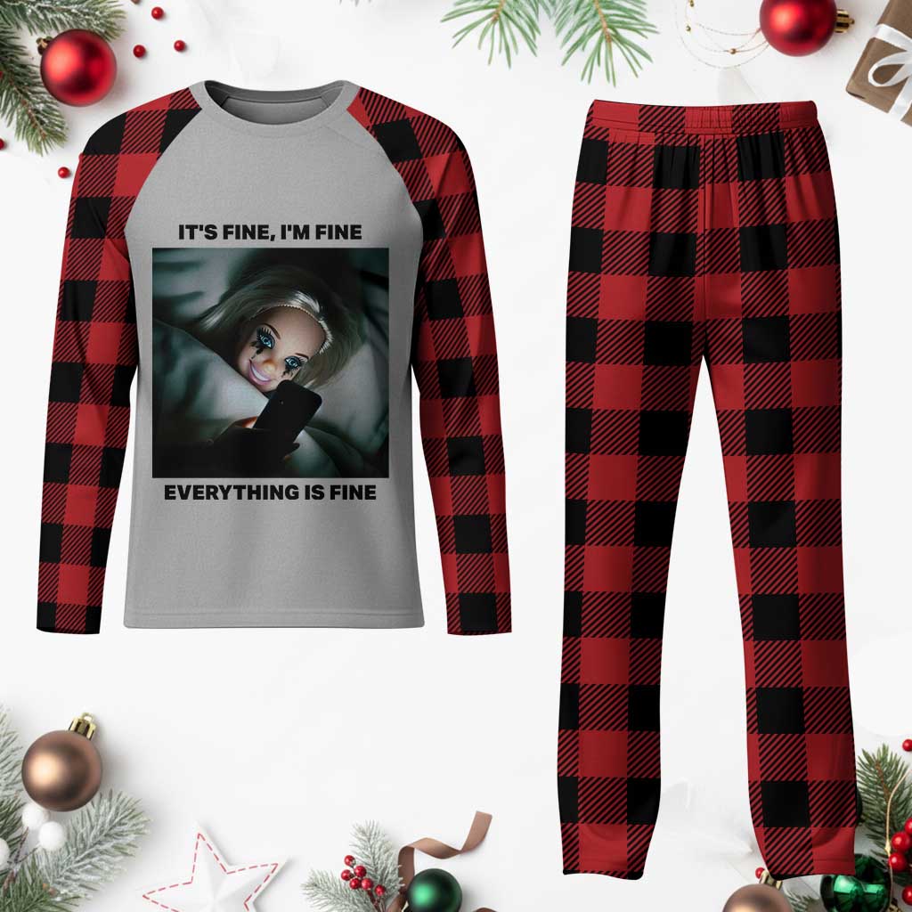 Funny Distressed Doll Face Meme Plaid Pajama Set It Is Fine I Am Fine Everything Is Fine - Wonder Print Shop