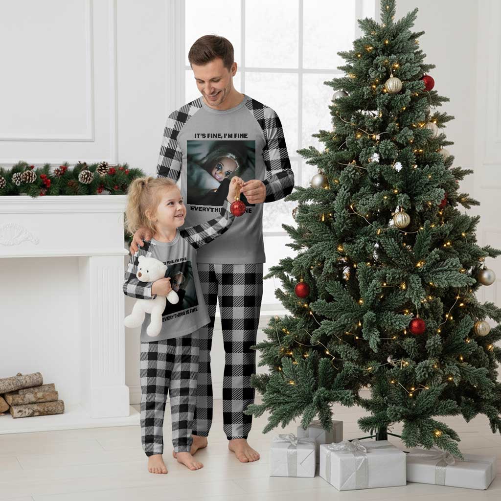 Funny Distressed Doll Face Meme Plaid Pajama Set It Is Fine I Am Fine Everything Is Fine - Wonder Print Shop