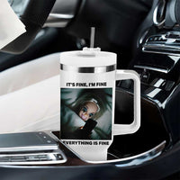 Funny Distressed Doll Face Meme Tumbler With Handle It Is Fine I Am Fine Everything Is Fine