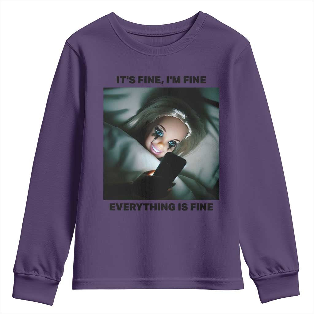 Funny Distressed Doll Face Meme Youth Sweatshirt It Is Fine I Am Fine Everything Is Fine - Wonder Print Shop