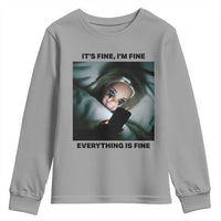 Funny Distressed Doll Face Meme Youth Sweatshirt It Is Fine I Am Fine Everything Is Fine - Wonder Print Shop