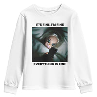 Funny Distressed Doll Face Meme Youth Sweatshirt It Is Fine I Am Fine Everything Is Fine - Wonder Print Shop