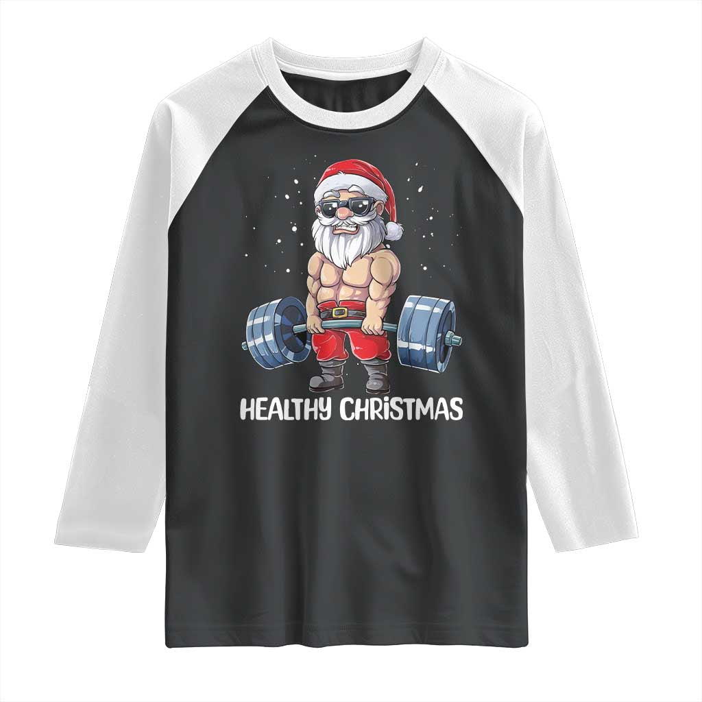Funny Santa Gym Xmas Raglan Shirt Healthy Christmas - Wonder Print Shop