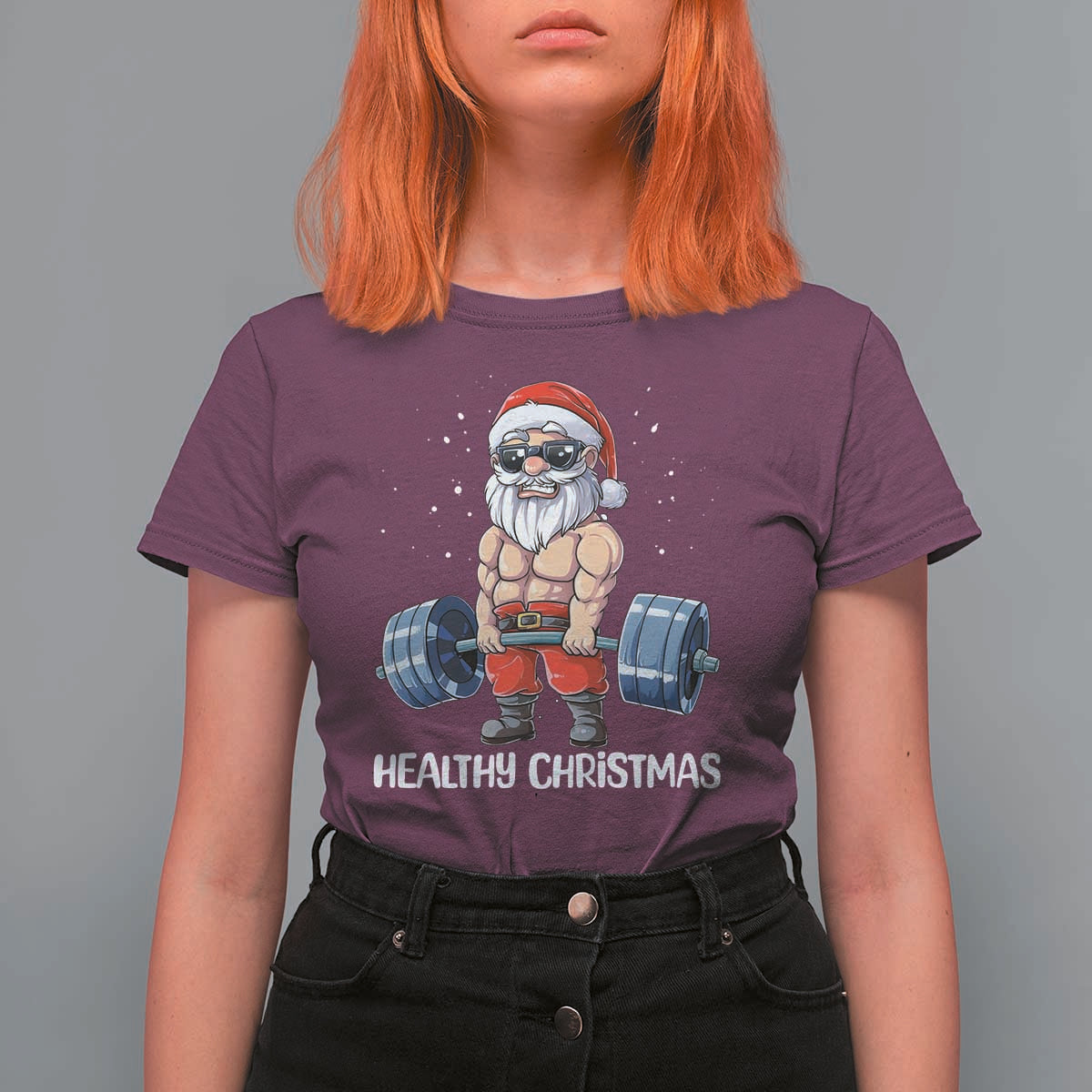 Funny Santa Gym Xmas T Shirt For Women Healthy Christmas - Wonder Print Shop