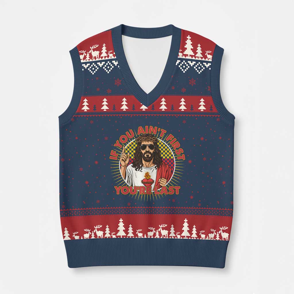 Funny Jesus Racing V-Neck Knit Sweater Vest If You Are Not First You Are Last - Wonder Print Shop
