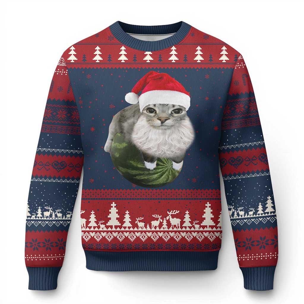 Watermelon Cat Xmas Ugly Christmas Sweater Funny Silly Kitten Meme - Wonder Print Shop