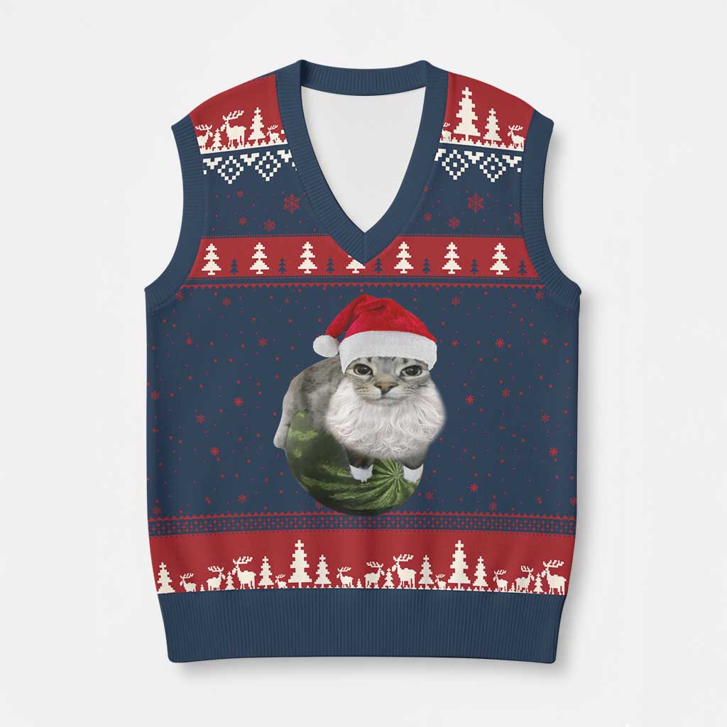 Watermelon Cat Xmas V-Neck Knit Sweater Vest Funny Silly Kitten Meme - Wonder Print Shop