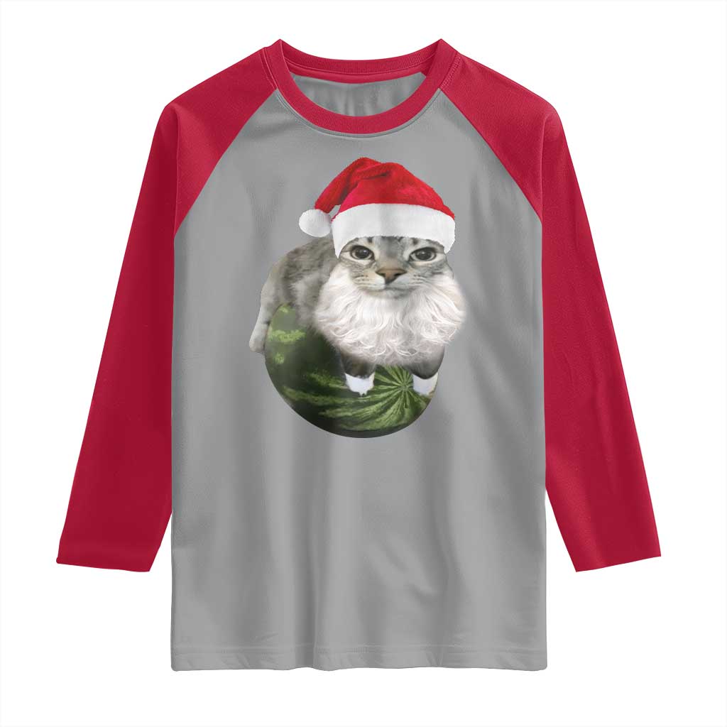Watermelon Cat Christmas Raglan Shirt Funny Silly Kitten Meme - Wonder Print Shop