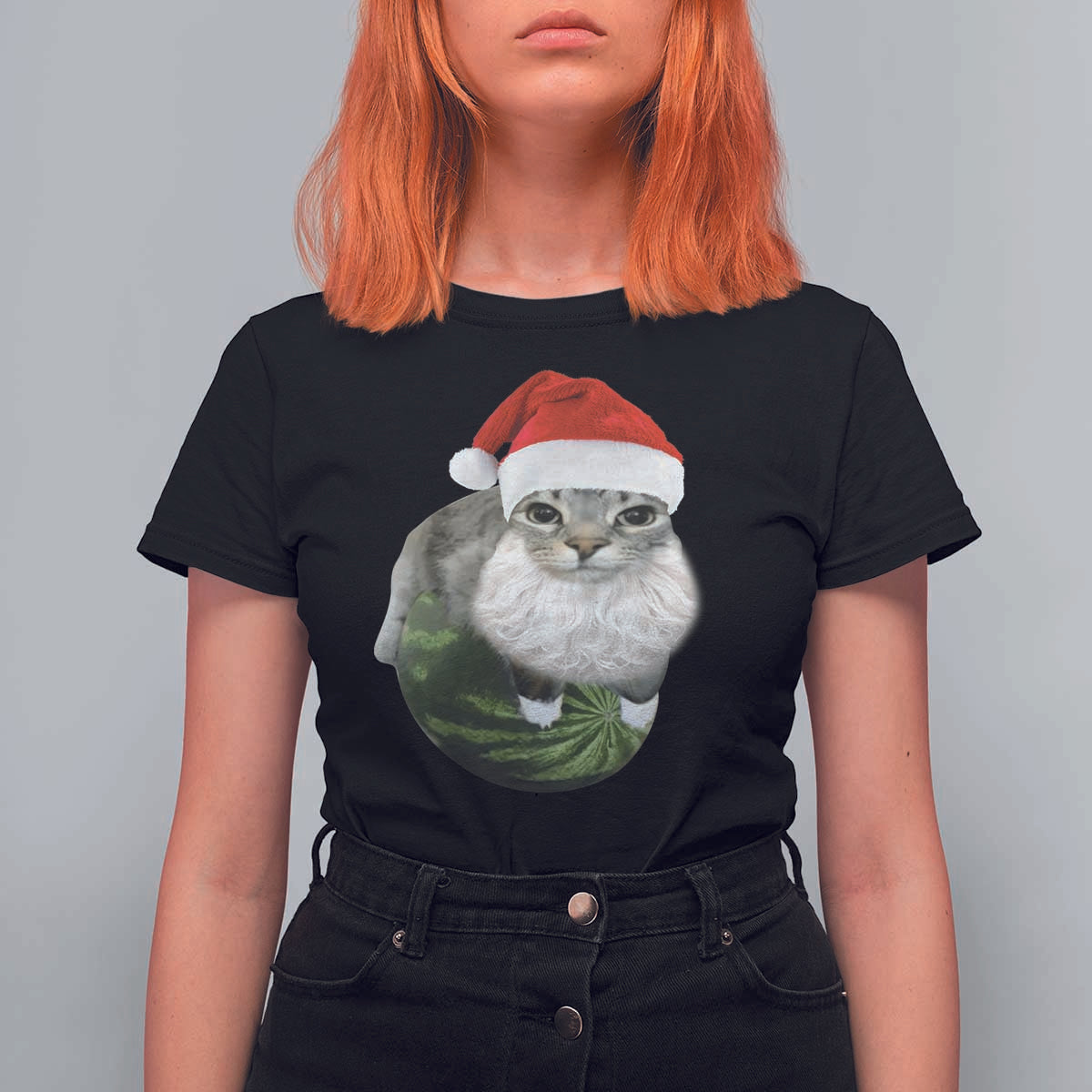 Watermelon Cat Christmas T Shirt For Women Funny Silly Kitten Meme - Wonder Print Shop