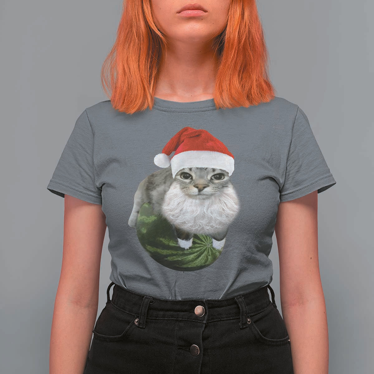 Watermelon Cat Christmas T Shirt For Women Funny Silly Kitten Meme - Wonder Print Shop