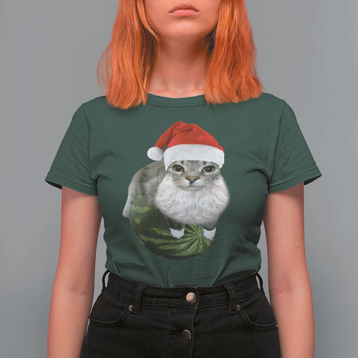 Watermelon Cat Christmas T Shirt For Women Funny Silly Kitten Meme - Wonder Print Shop