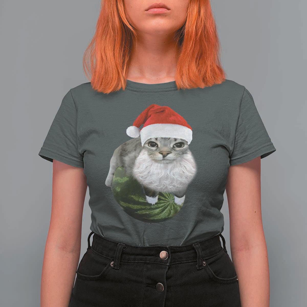 Watermelon Cat Christmas T Shirt For Women Funny Silly Kitten Meme - Wonder Print Shop