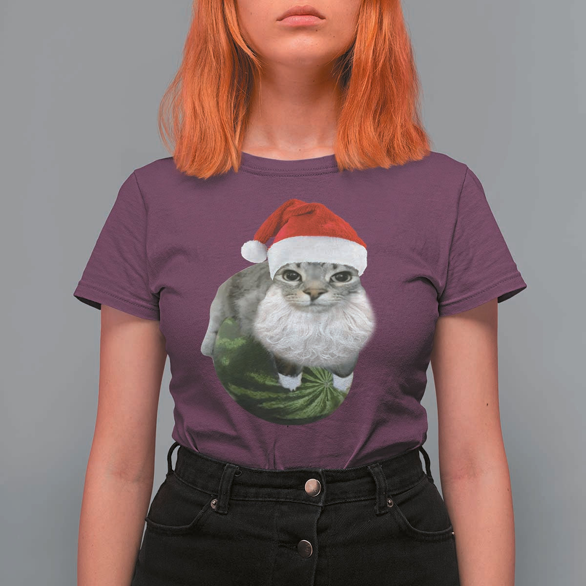 Watermelon Cat Christmas T Shirt For Women Funny Silly Kitten Meme - Wonder Print Shop