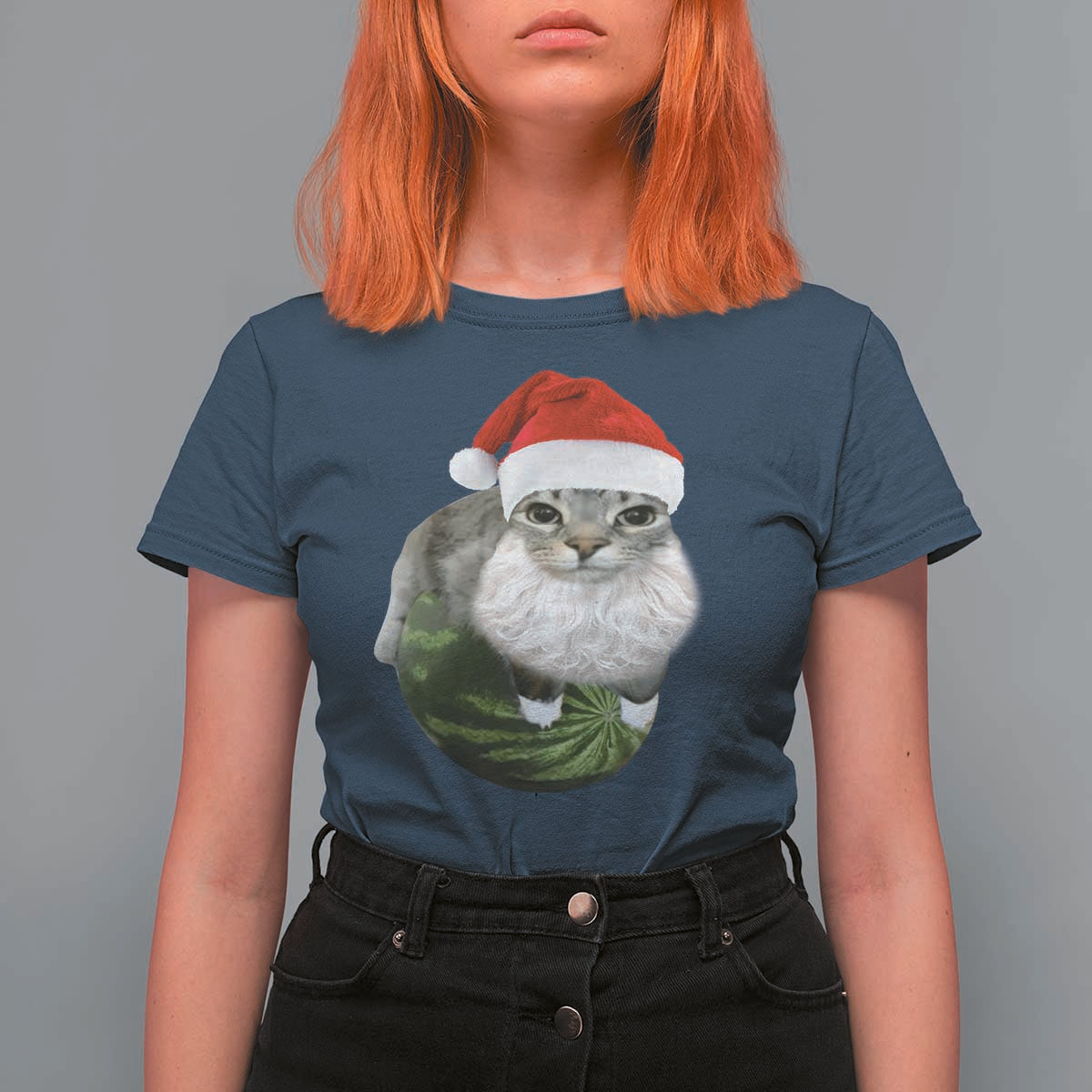 Watermelon Cat Christmas T Shirt For Women Funny Silly Kitten Meme - Wonder Print Shop